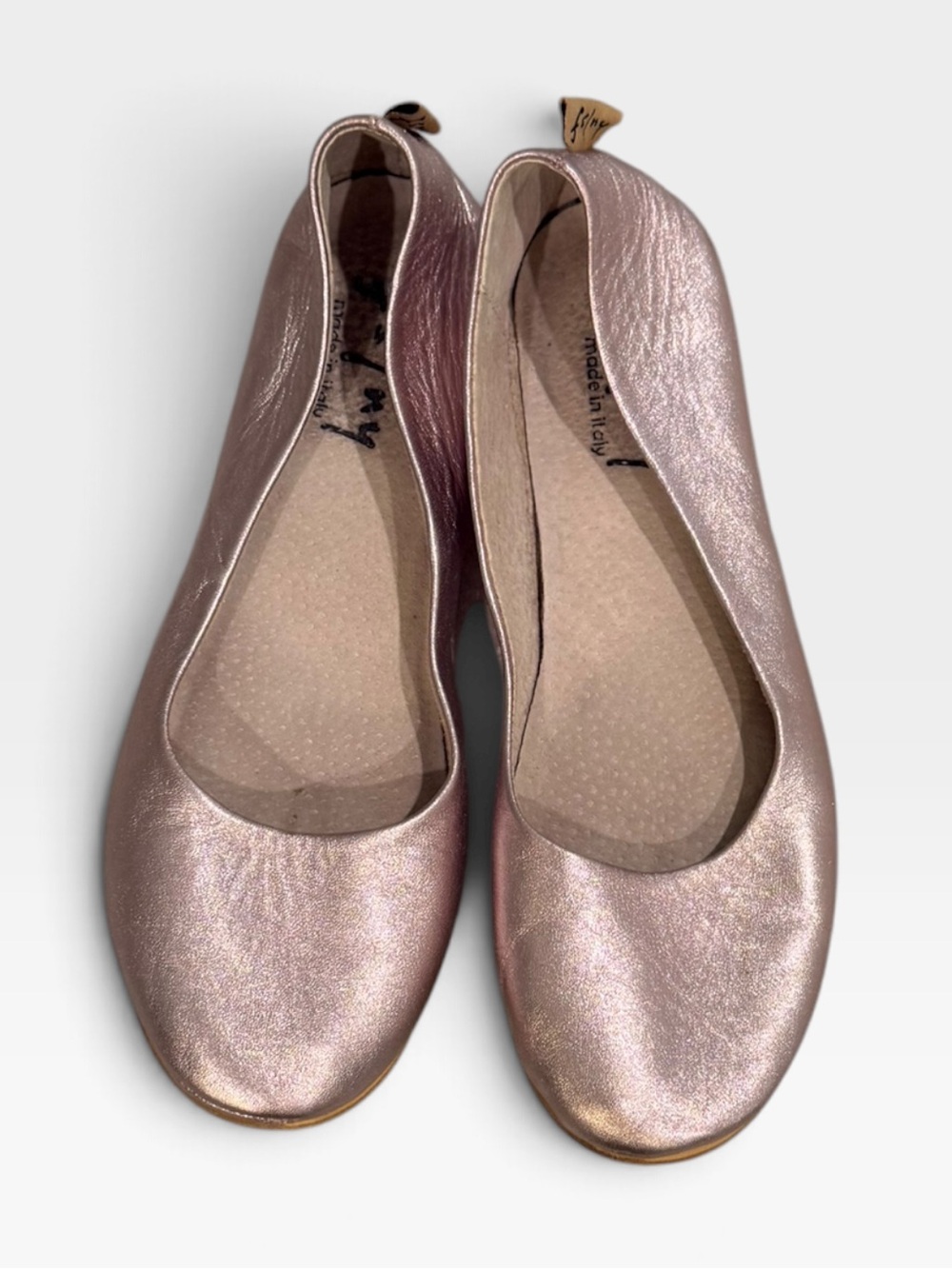 French Sole Shimmering Pink Rose Gold Ballet Flats